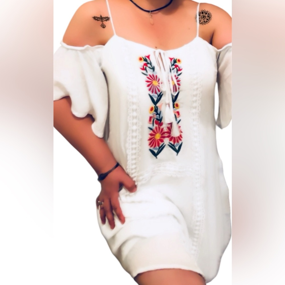 White Cold-Shoulder Embroidered Floral Dress